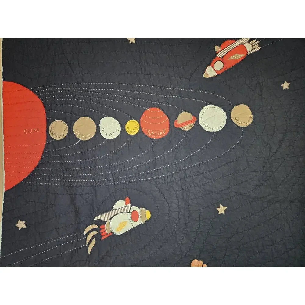 Pottery Barn Kids Space Rocket Planets Twin Quilt Blue Solar System 86” X 68”